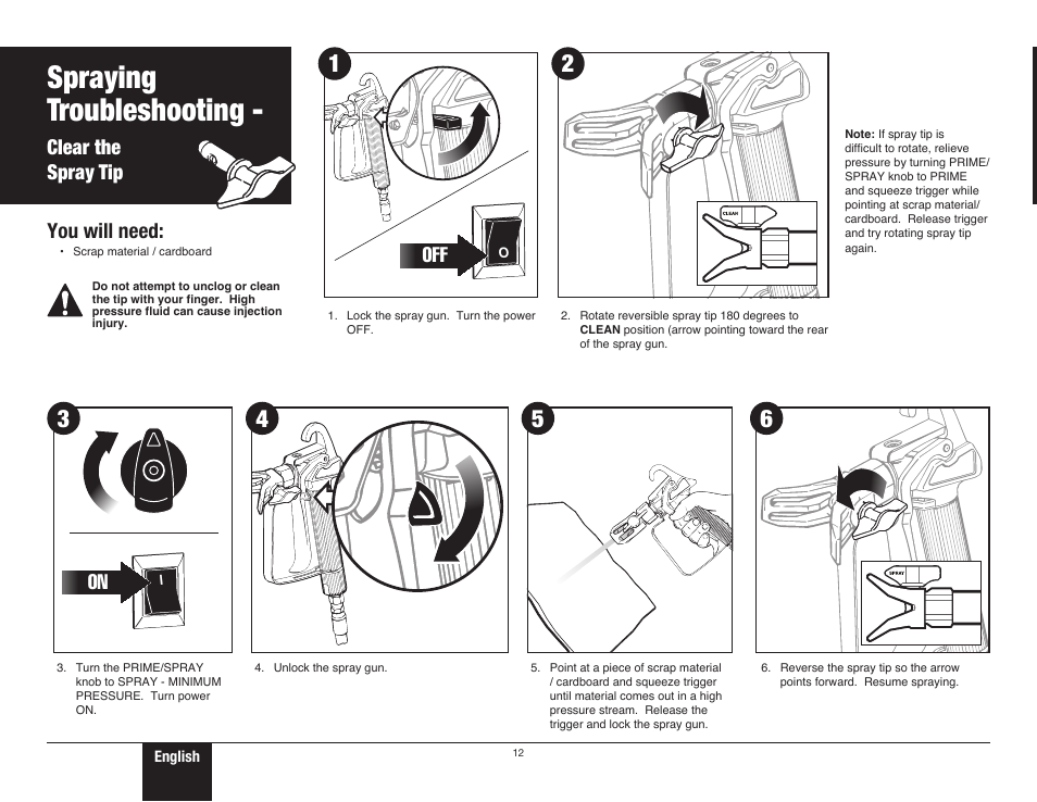 Clear the spray tip, 12 clear the spray tip, Safety | Spraying troubleshooting, Clear the spray tip you will need | Wagner ProCoat User Manual | Page 12 / 28
