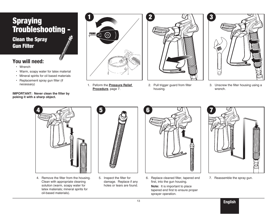 Clean the spray gun filter, 13 clean the spray gun filter, Safety | Spraying troubleshooting, Clean the spray gun filter you will need | Wagner ProCoat User Manual | Page 13 / 28