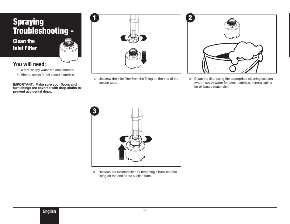 Clean the inlet filter, 14 clean the inlet filter, Safety | Spraying troubleshooting, Clean the inlet filter you will need | Wagner ProCoat User Manual | Page 14 / 28