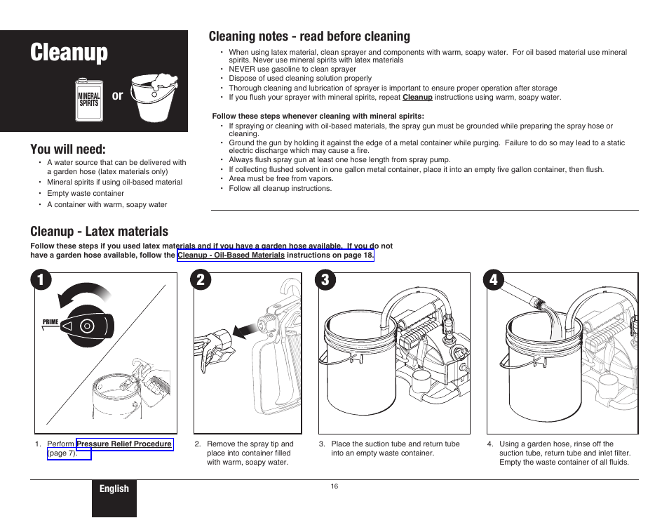 Cleanup, Cleanup - latex materials, 16 cleanup - latex materials | Safety cleanup, You will need | Wagner ProCoat User Manual | Page 16 / 28