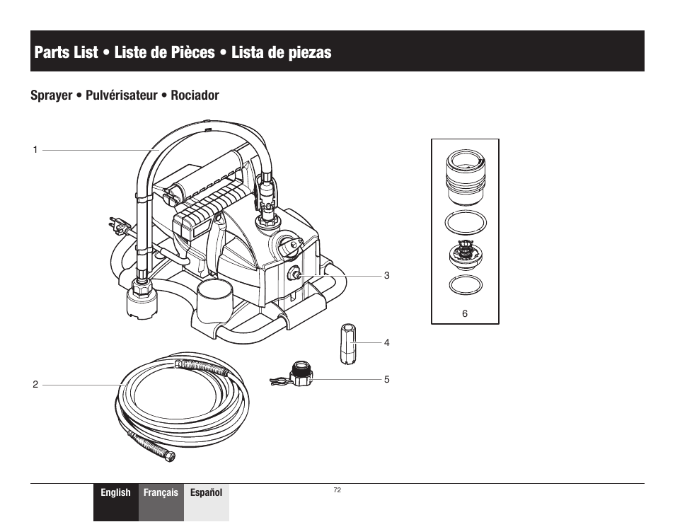 Parts list / liste de pièces / lista de piezas, Sprayer / pulvérisateur / rociador, 72 parts list | Parts list • liste de pièces • lista de piezas, Sprayer • pulvérisateur • rociador | Wagner ProCoat User Manual | Page 24 / 28