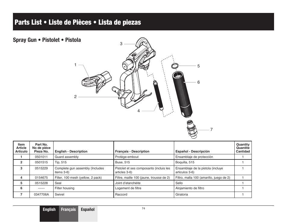 Spray gun / pistolet / pistola, Parts list • liste de pièces • lista de piezas, Spray gun • pistolet • pistola | Wagner ProCoat User Manual | Page 26 / 28