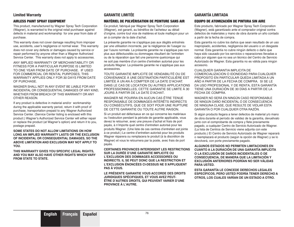 Warranty / garantie / garantía, 76 warranty, English français español | Wagner ProCoat User Manual | Page 28 / 28