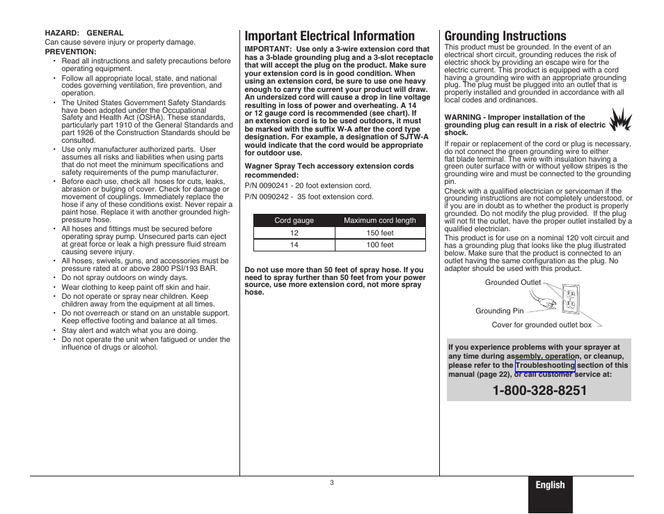 Important safety information 2, Important electrical information, Grounding instructions | English | Wagner ProCoat User Manual | Page 3 / 28