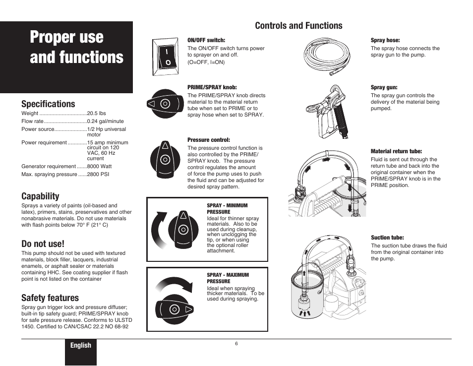 Important safety information 1, Proper use and functions, 6 proper use and functions | Specifications, Capability, Do not use, Safety features, Controls and functions | Wagner ProCoat User Manual | Page 6 / 28