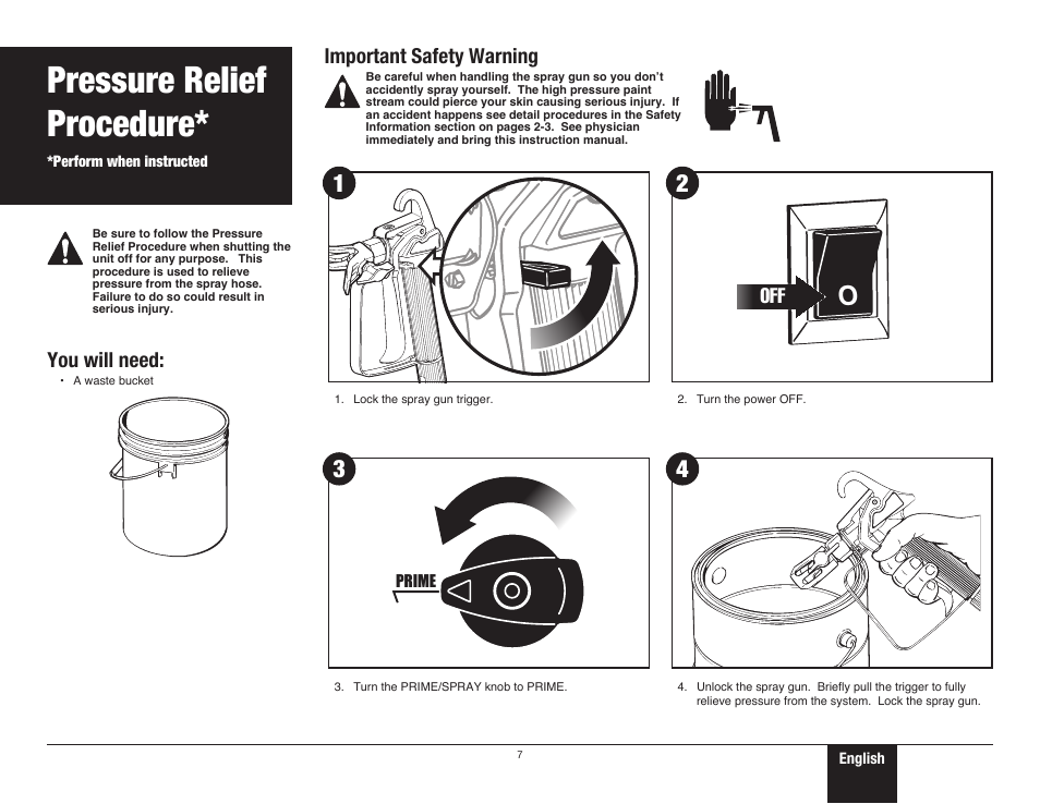 Pressure relief procedure, 7 pressure relief procedure, You will need | Important safety warning | Wagner ProCoat User Manual | Page 7 / 28