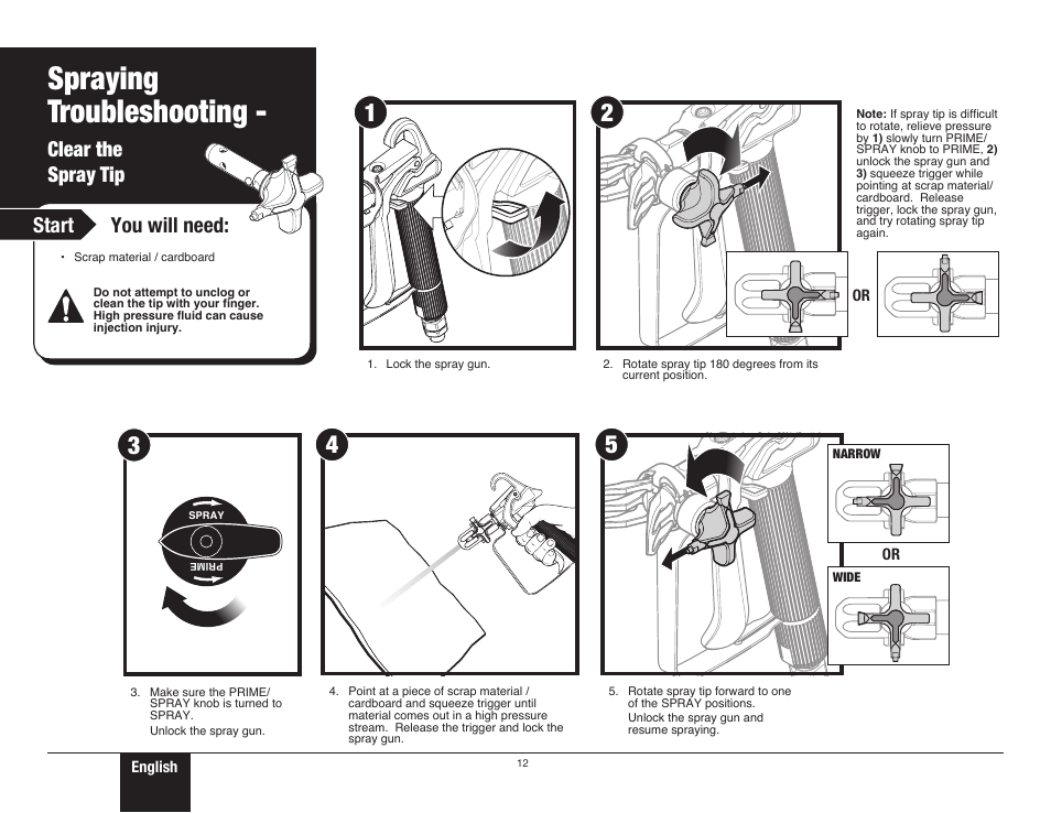 Spraying troubleshooting, Clear the spray tip, 12 clear the spray tip | Clear the spray tip start you will need | Wagner ProCoat 9195 User Manual | Page 12 / 28