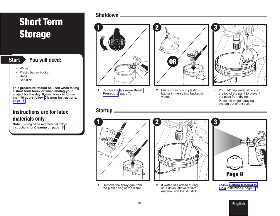 Short-term storage, 15 short term storage, Short term storage | Page 9, Start, You will need, Instructions are for latex materials only, Shutdown startup | Wagner ProCoat 9195 User Manual | Page 15 / 28