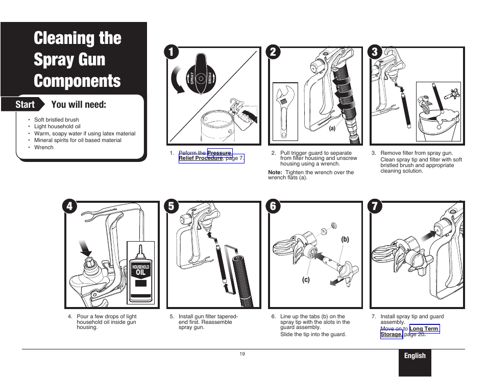 Cleaning the spray gun components, 19 cleaning the spray gun components, Cleaning the spray | Gun components, Start you will need | Wagner ProCoat 9195 User Manual | Page 19 / 28