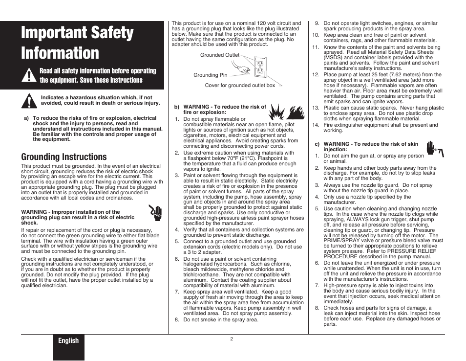 Important safety information 1, 2 important safety information, Safety | Safety important safety information, Grounding instructions | Wagner ProCoat 9195 User Manual | Page 2 / 28