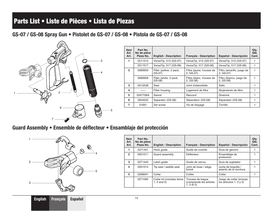 Parts list • liste de pièces • lista de piezas, English français español | Wagner ProCoat 9195 User Manual | Page 26 / 28
