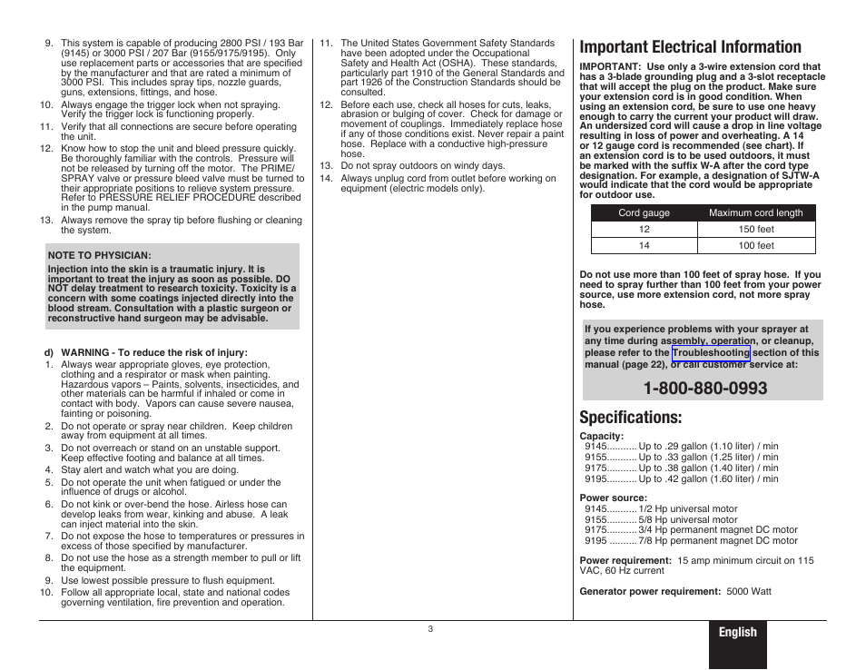 Important safety information 2, Important electrical information, English | Wagner ProCoat 9195 User Manual | Page 3 / 28