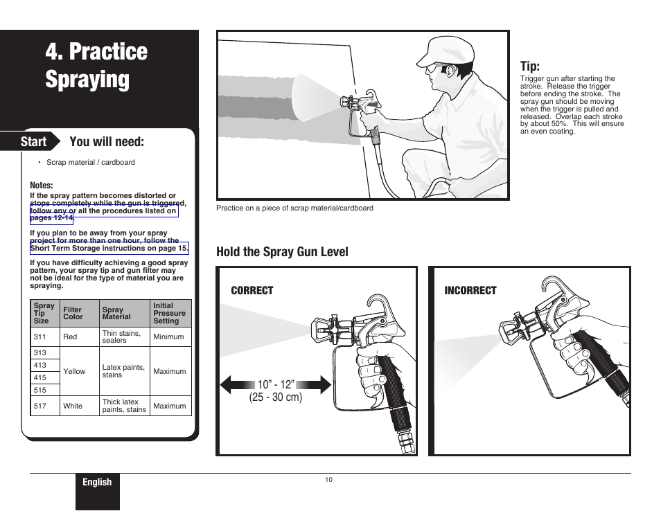 Practice spraying 1, 10 practice spraying, Practice spraying | Start you will need, Hold the spray gun level, Correct incorrect | Wagner ProCoat 9185G User Manual | Page 10 / 28