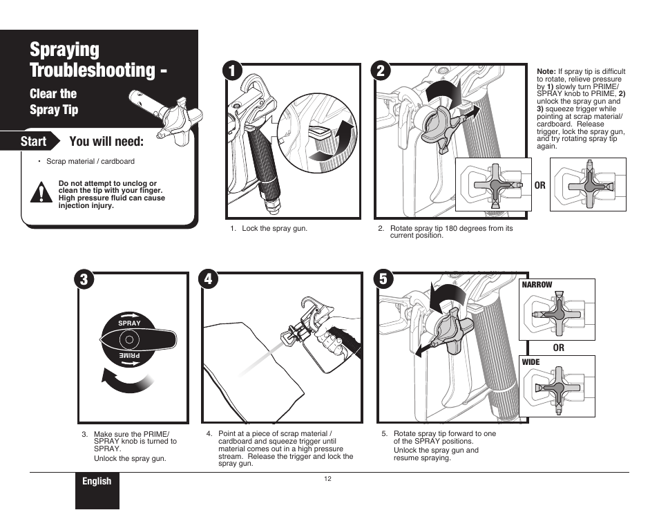 Spraying troubleshooting, Clear the spray tip, 12 clear the spray tip | Clear the spray tip start you will need | Wagner ProCoat 9185G User Manual | Page 12 / 28