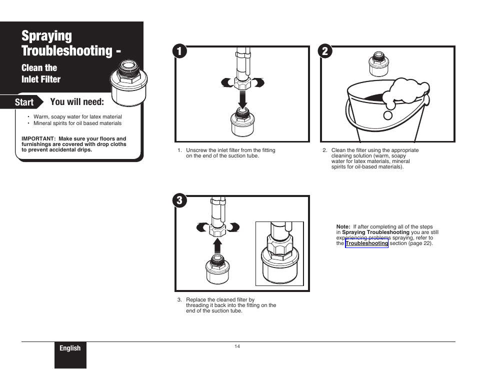Clean the inlet filter, 14 clean the inlet filter, Spraying troubleshooting | Clean the inlet filter start you will need | Wagner ProCoat 9185G User Manual | Page 14 / 28