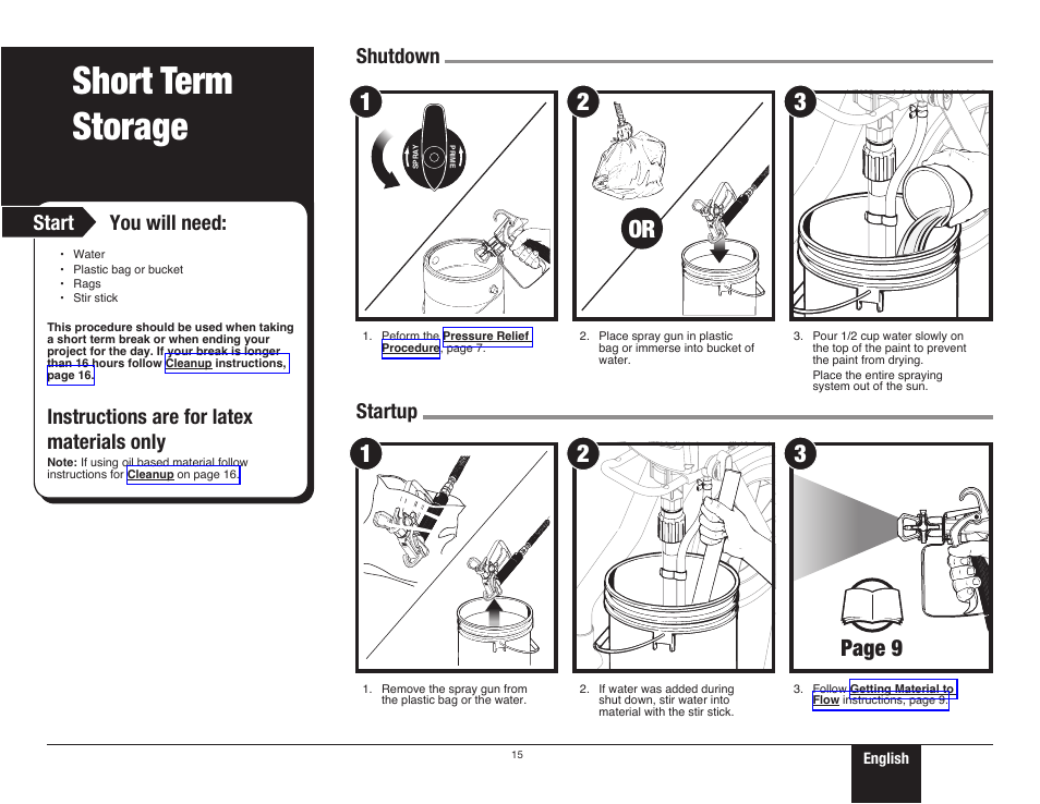 Short-term storage, 15 short term storage, Short term storage | Page 9, Start, You will need, Instructions are for latex materials only, Shutdown startup | Wagner ProCoat 9185G User Manual | Page 15 / 28