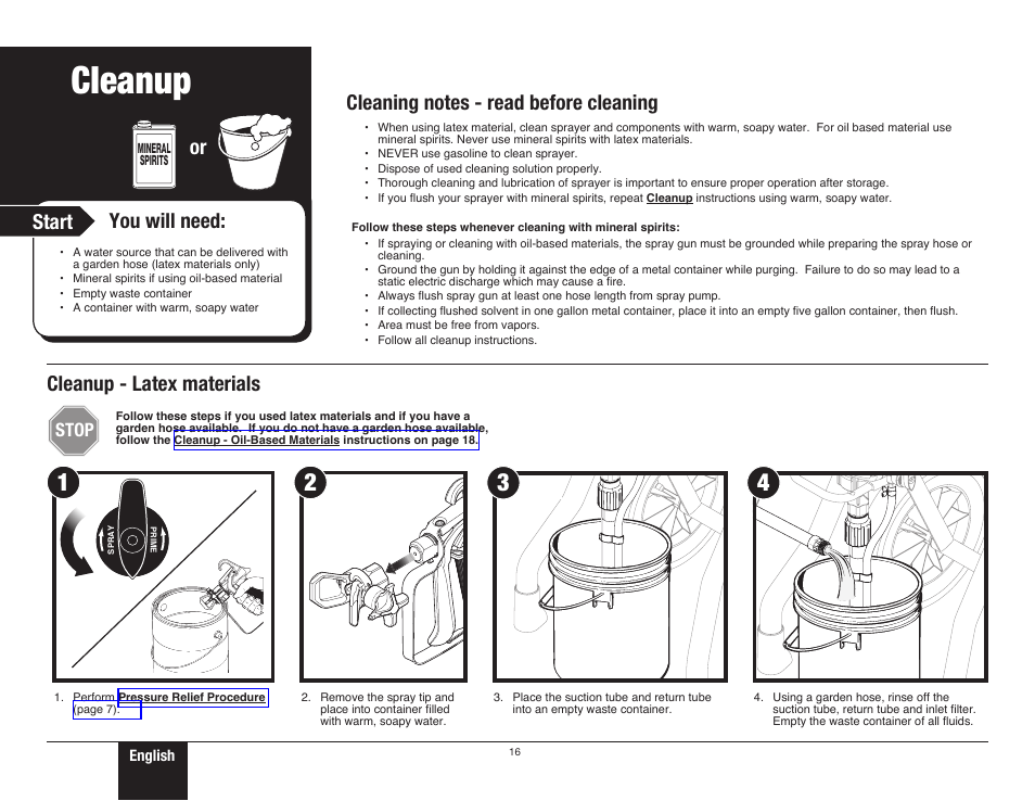 Cleanup - latex materials 1, 16 cleanup - latex materials, Cleanup instructions | Cleanup, Start you will need, Stop | Wagner ProCoat 9185G User Manual | Page 16 / 28