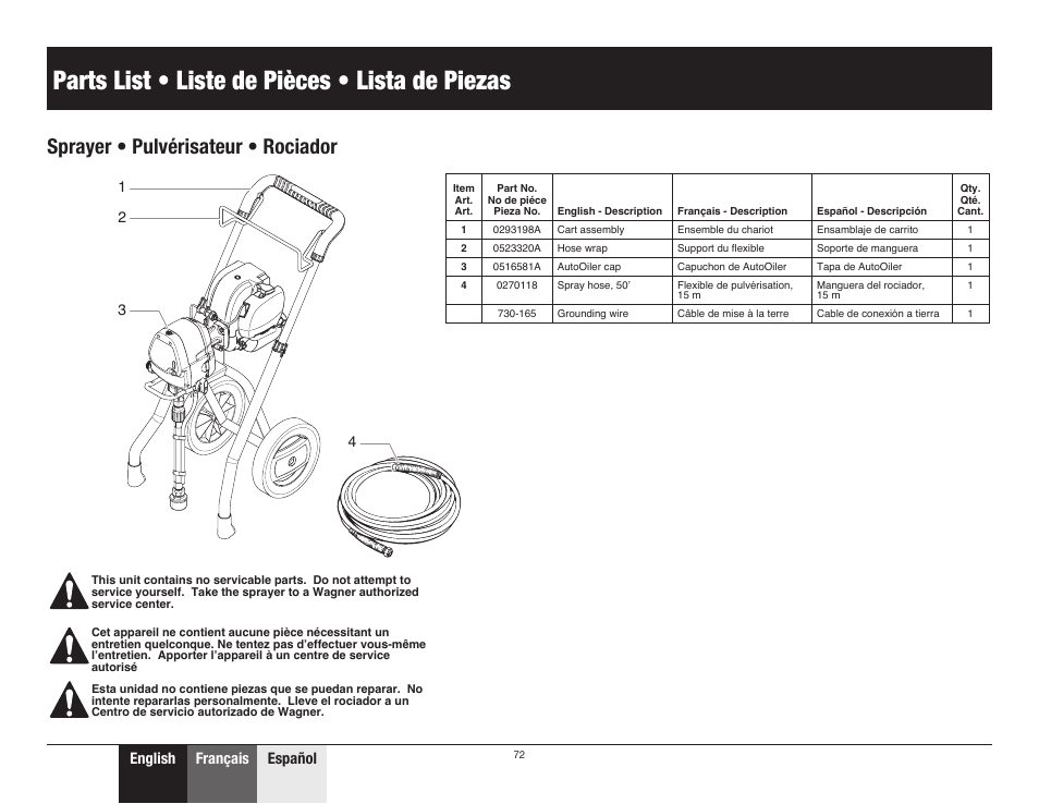 Parts list • liste de pièces • lista de piezas, Sprayer • pulvérisateur • rociador, 72 parts list | English français español | Wagner ProCoat 9185G User Manual | Page 24 / 28