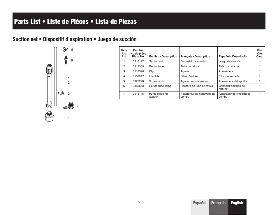Parts list • liste de pièces • lista de piezas, English español français español | Wagner ProCoat 9185G User Manual | Page 25 / 28