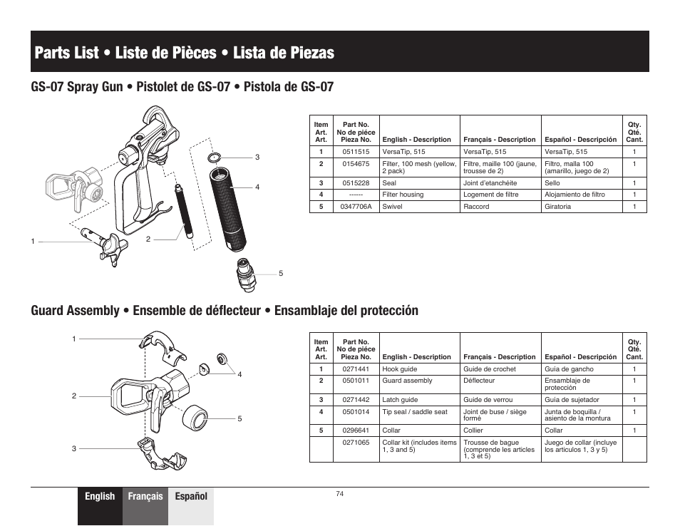 Parts list • liste de pièces • lista de piezas, English français español | Wagner ProCoat 9185G User Manual | Page 26 / 28