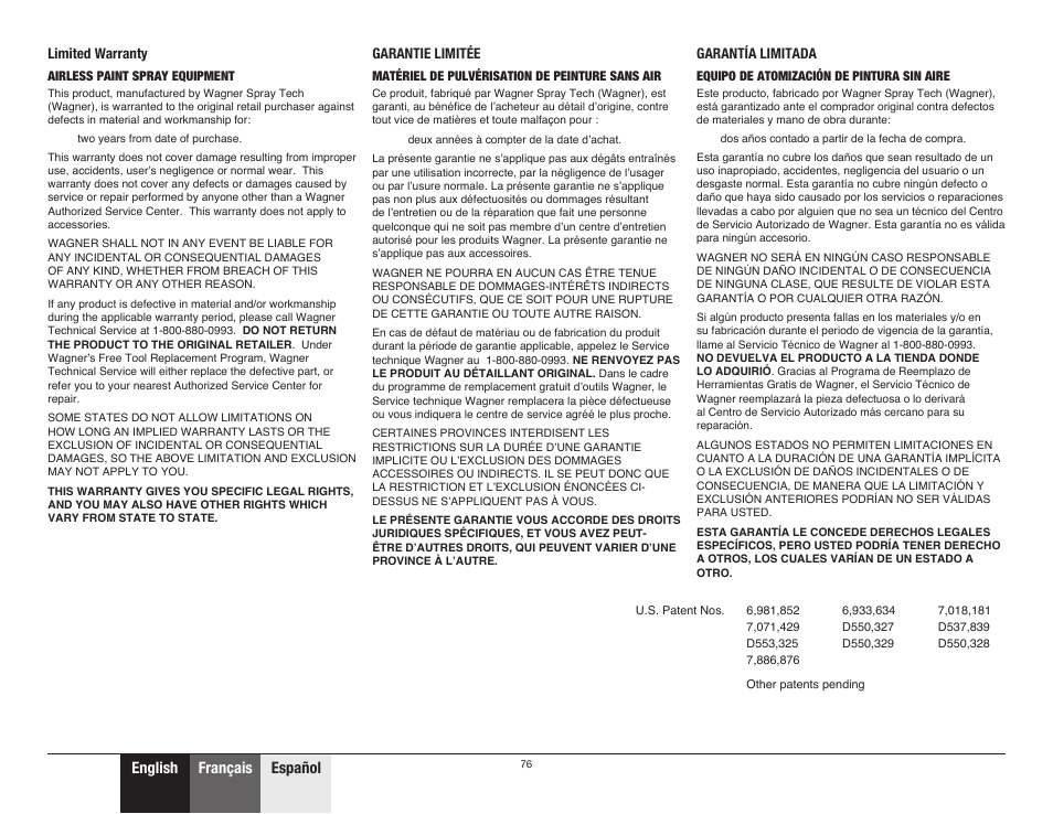 Warranty • garantie • garantía, 76 warranty, English français español | Wagner ProCoat 9185G User Manual | Page 28 / 28