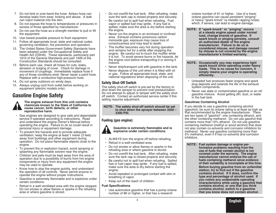 Important safety information 2, Gasoline engine safety, English | Wagner ProCoat 9185G User Manual | Page 3 / 28