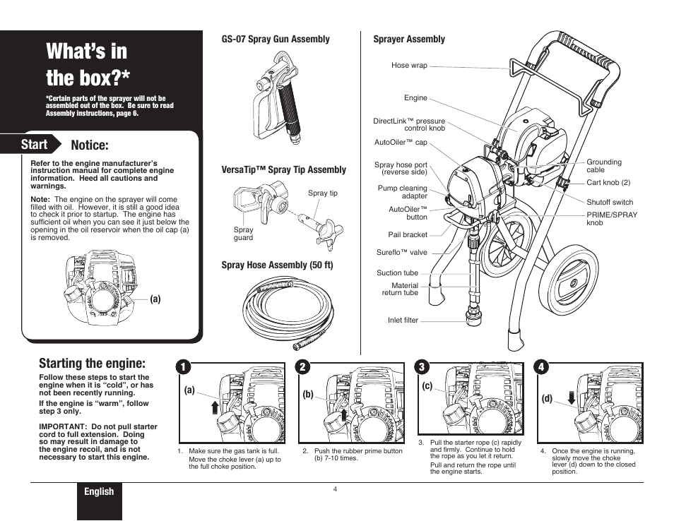 What's in the box, 4 what’s in the box, What’s in the box | Start, Notice, Starting the engine | Wagner ProCoat 9185G User Manual | Page 4 / 28