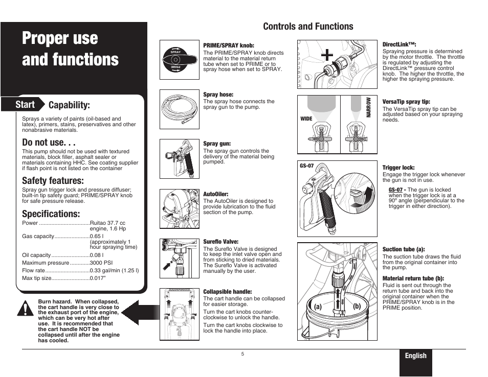 Proper use and functions, 5 proper use and functions, Start controls and functions | Do not use, Safety features, Specifications, Capability | Wagner ProCoat 9185G User Manual | Page 5 / 28