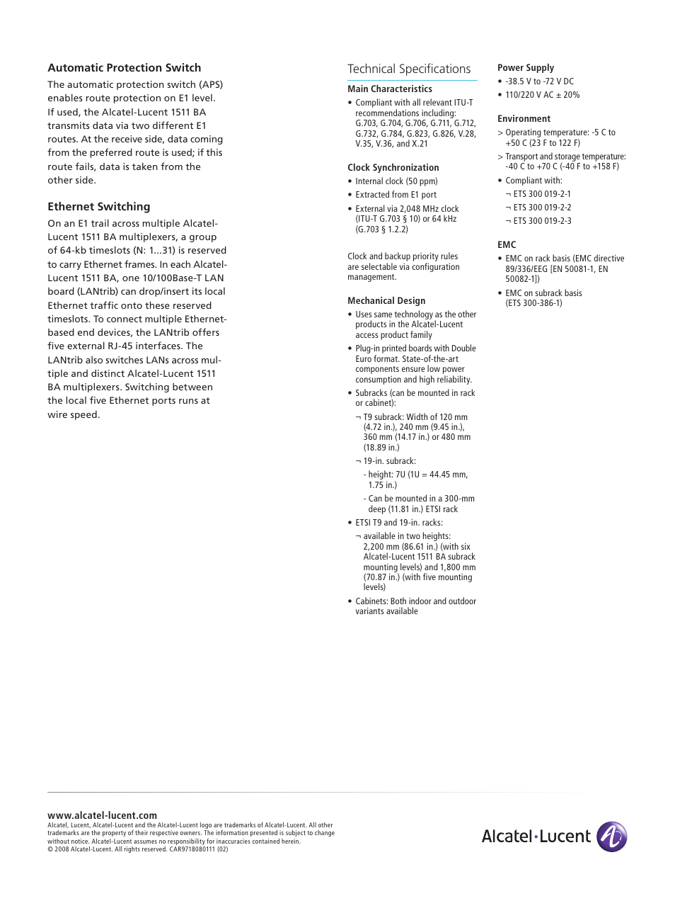 Technical specifications, Automatic protection switch, Ethernet switching | Alcatel-Lucent 1511 BA User Manual | Page 4 / 4