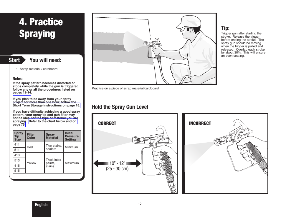 Practice spraying 1, 10 practice spraying, Practice spraying | Start you will need, Hold the spray gun level, Correct incorrect | Wagner ProCoat Max User Manual | Page 10 / 28