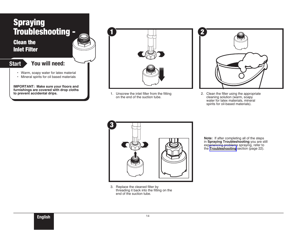 Clean the inlet filter, 14 clean the inlet filter, Spraying troubleshooting | Clean the inlet filter start you will need | Wagner ProCoat Max User Manual | Page 14 / 28