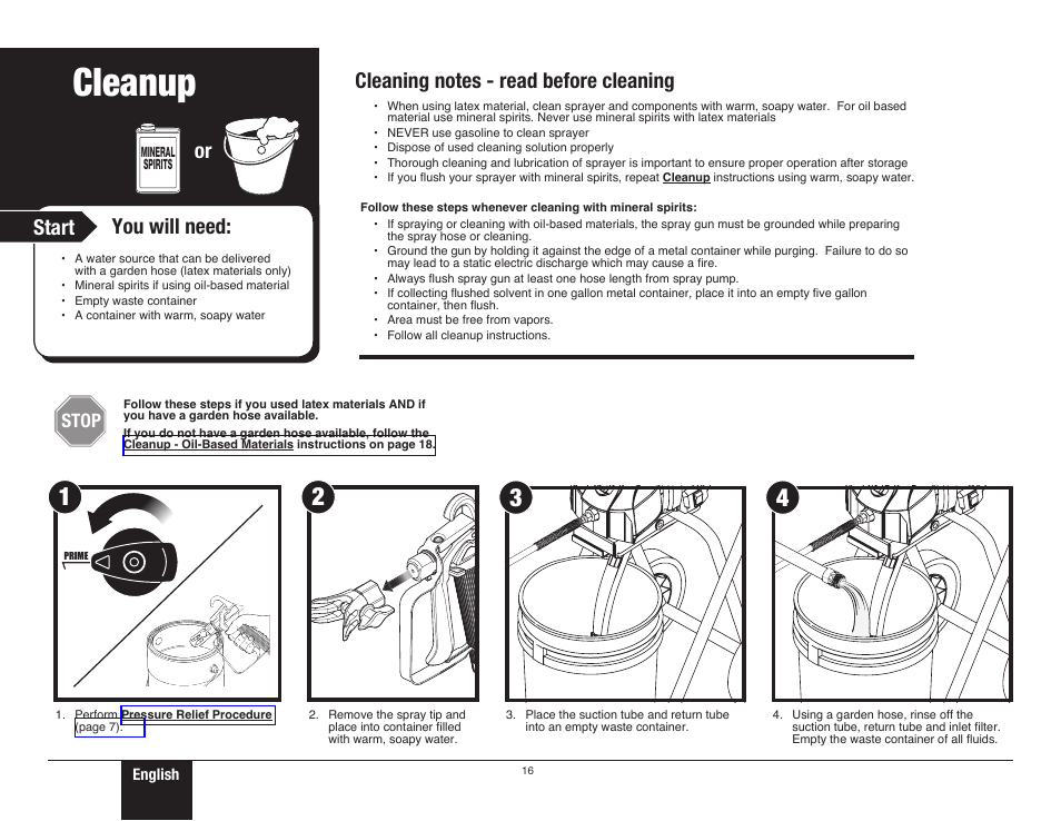 Cleanup - latex materials 1, 16 cleanup - latex materials, Cleanup instructions | Cleanup, Start you will need, Stop | Wagner ProCoat Max User Manual | Page 16 / 28