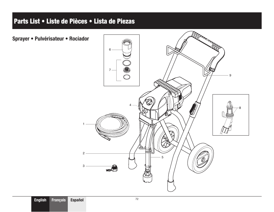 Parts list • liste de pièces • lista de piezas, Sprayer • pulvérisateur • rociador, 72 parts list | Wagner ProCoat Max User Manual | Page 24 / 28