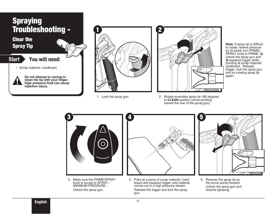 Spraying troubleshooting, Clear the spray tip, 12 clear the spray tip | Follow any or all the procedures listed on, Clear the spray tip start you will need | Wagner ProCoat Plus User Manual | Page 12 / 28