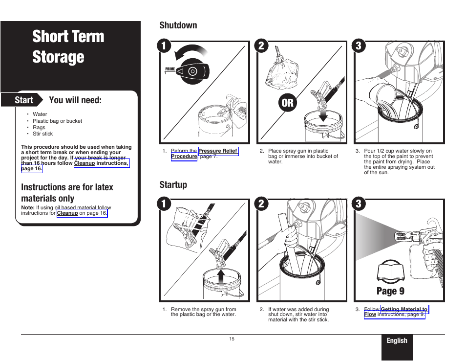 Short-term storage, 15 short term storage, Short term storage | Page 9, Start, You will need, Instructions are for latex materials only, Shutdown startup | Wagner ProCoat Plus User Manual | Page 15 / 28