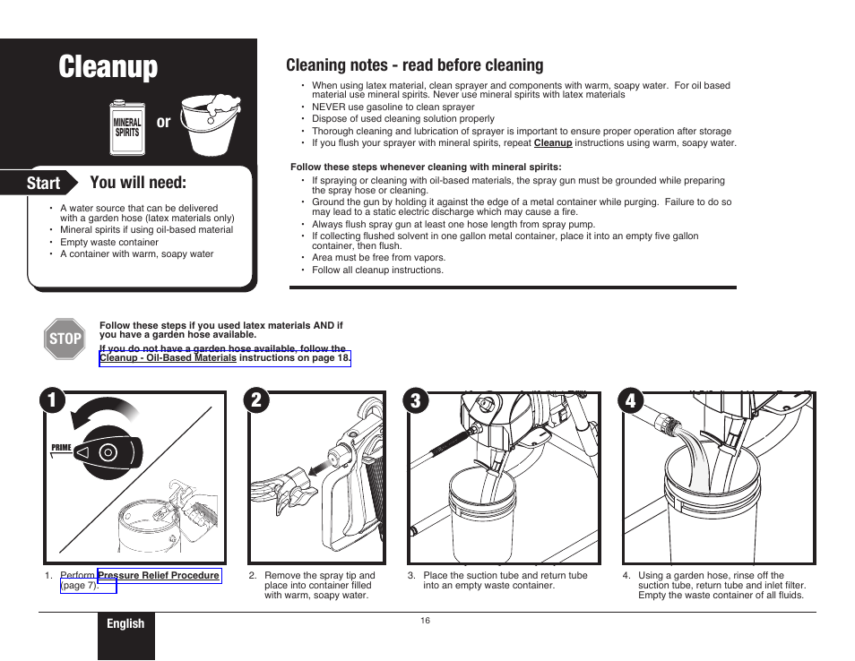 Cleanup - latex materials 1, 16 cleanup - latex materials, Cleanup instructions | Cleanup, Start you will need, Stop | Wagner ProCoat Plus User Manual | Page 16 / 28