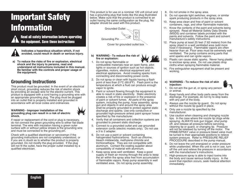 Important safety information 1, 2 important safety information, Safety | Safety important safety information, Grounding instructions | Wagner ProCoat Plus User Manual | Page 2 / 28