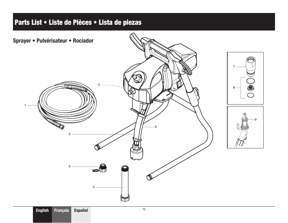 Parts list • liste de pièces • lista de piezas, Sprayer 1 • pulvérisateur 1 • rociador 1, 72 parts list | Sprayer • pulvérisateur • rociador | Wagner ProCoat Plus User Manual | Page 24 / 28