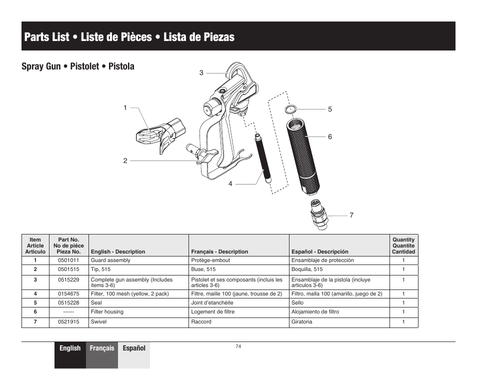 Spray gun • pistolet • pistola, Parts list • liste de pièces • lista de piezas | Wagner ProCoat Plus User Manual | Page 26 / 28