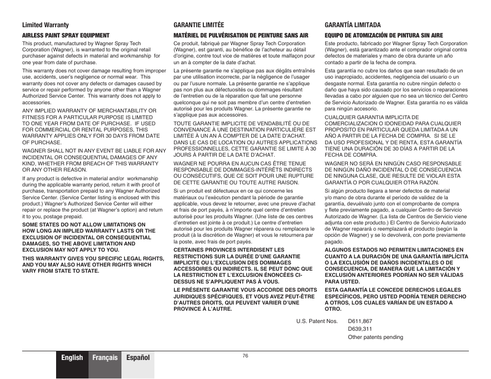 Warranty • garantie • garantía, 76 warranty, English français español | Wagner ProCoat Plus User Manual | Page 28 / 28