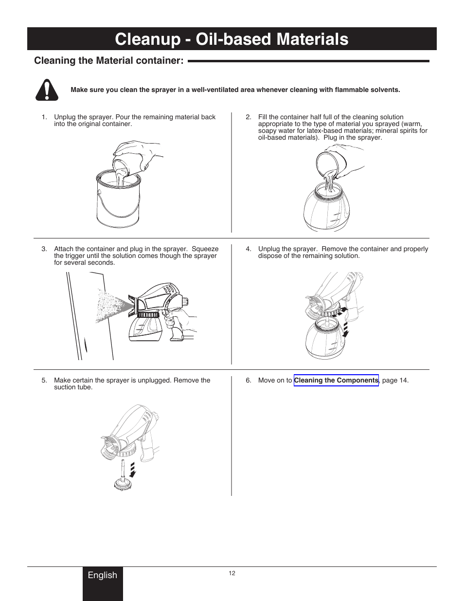 Cleanup - oil-based materials, Cleaning the fluid container, Cleaning the material container | Title cleanup - oil-based materials | Wagner Project Sprayer User Manual | Page 12 / 19