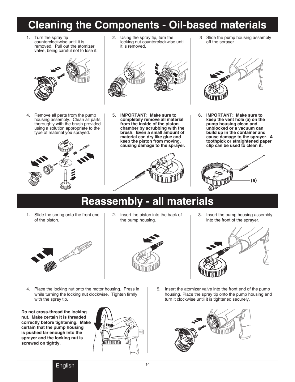 Cleaning the components, Reassembly - all materials, Reassembly | Wagner Project Sprayer User Manual | Page 14 / 19