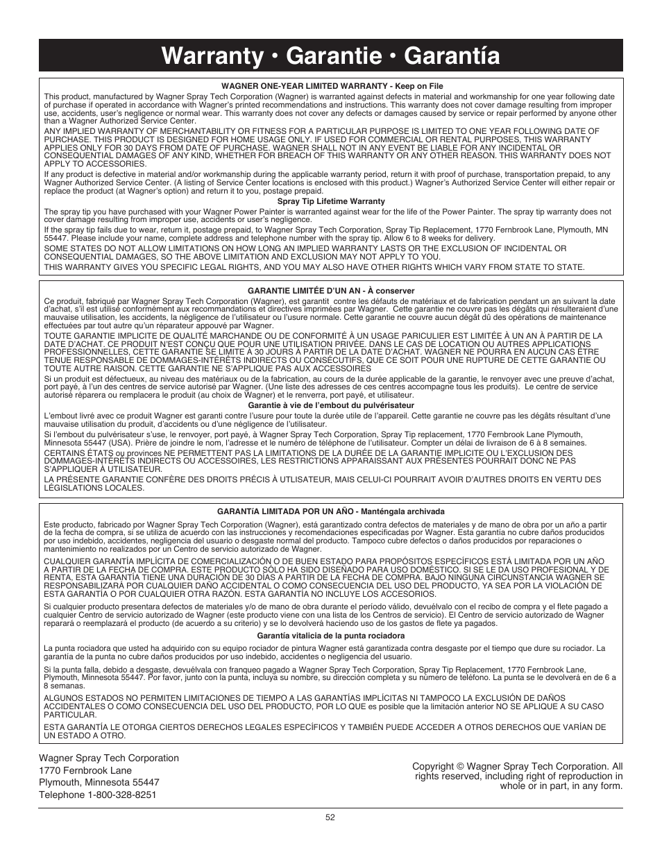 Warranty / garantie / garantía, Warranty, Warranty • garantie • garantía | Wagner Project Sprayer User Manual | Page 19 / 19