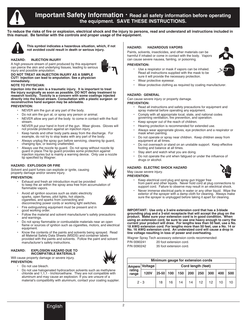 Important safety information 1, Safety information, Important safety information | English | Wagner Project Sprayer User Manual | Page 2 / 19