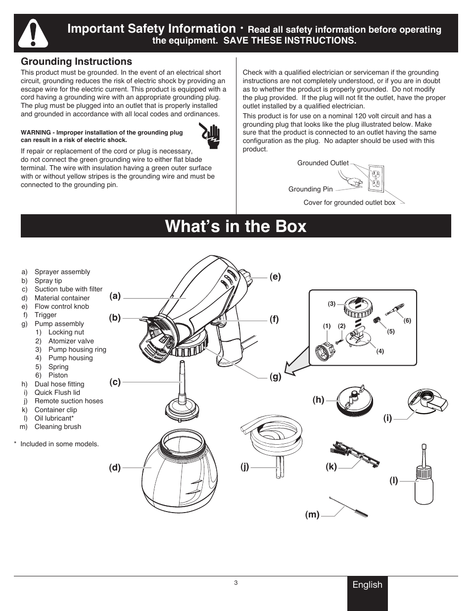 Important safety information 2, Parts and components, What’s in the box | Important safety information, Grounding instructions | Wagner Project Sprayer User Manual | Page 3 / 19