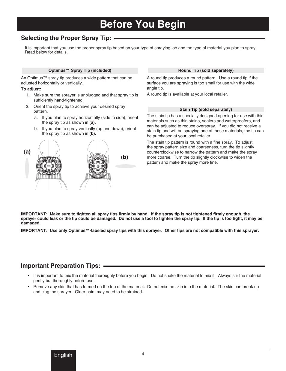 Before you begin, Selecting the proper tip, Important preparation tips | Selecting the proper spray tip | Wagner Project Sprayer User Manual | Page 4 / 19