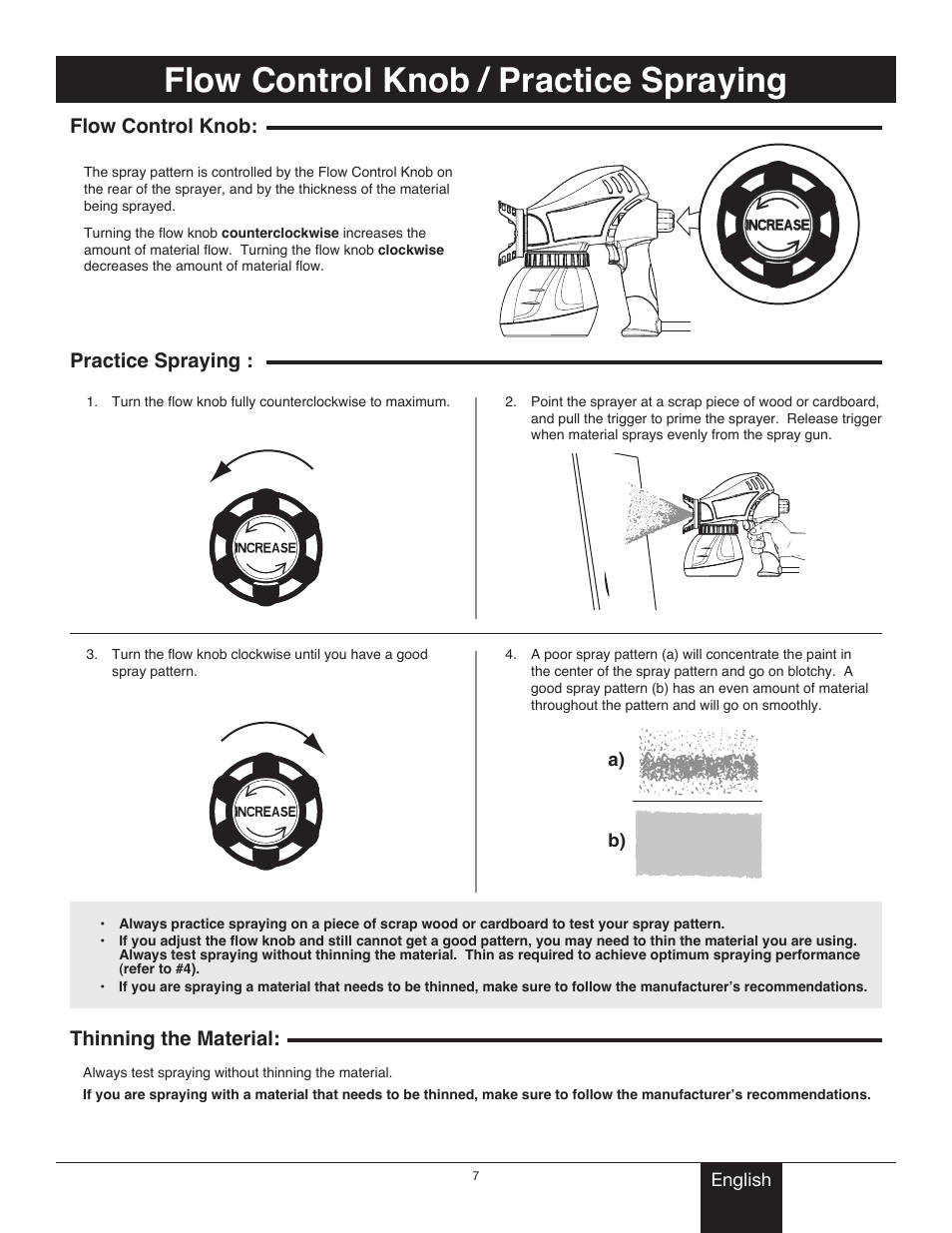 Flow control knob / testing the spray pattern, Flow control knob / practice spraying, Material thinning | Wagner Project Sprayer User Manual | Page 7 / 19