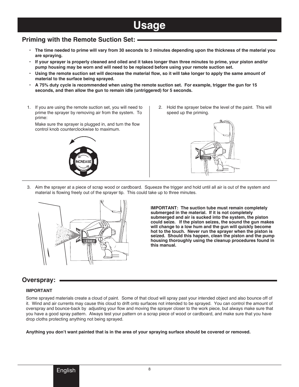 Usage, Thinning the material, Priming with the suction extension | Overspray, Priming with remote suction set, Spraying (overspray), Title usage, Overspray: priming with the remote suction set | Wagner Project Sprayer User Manual | Page 8 / 19