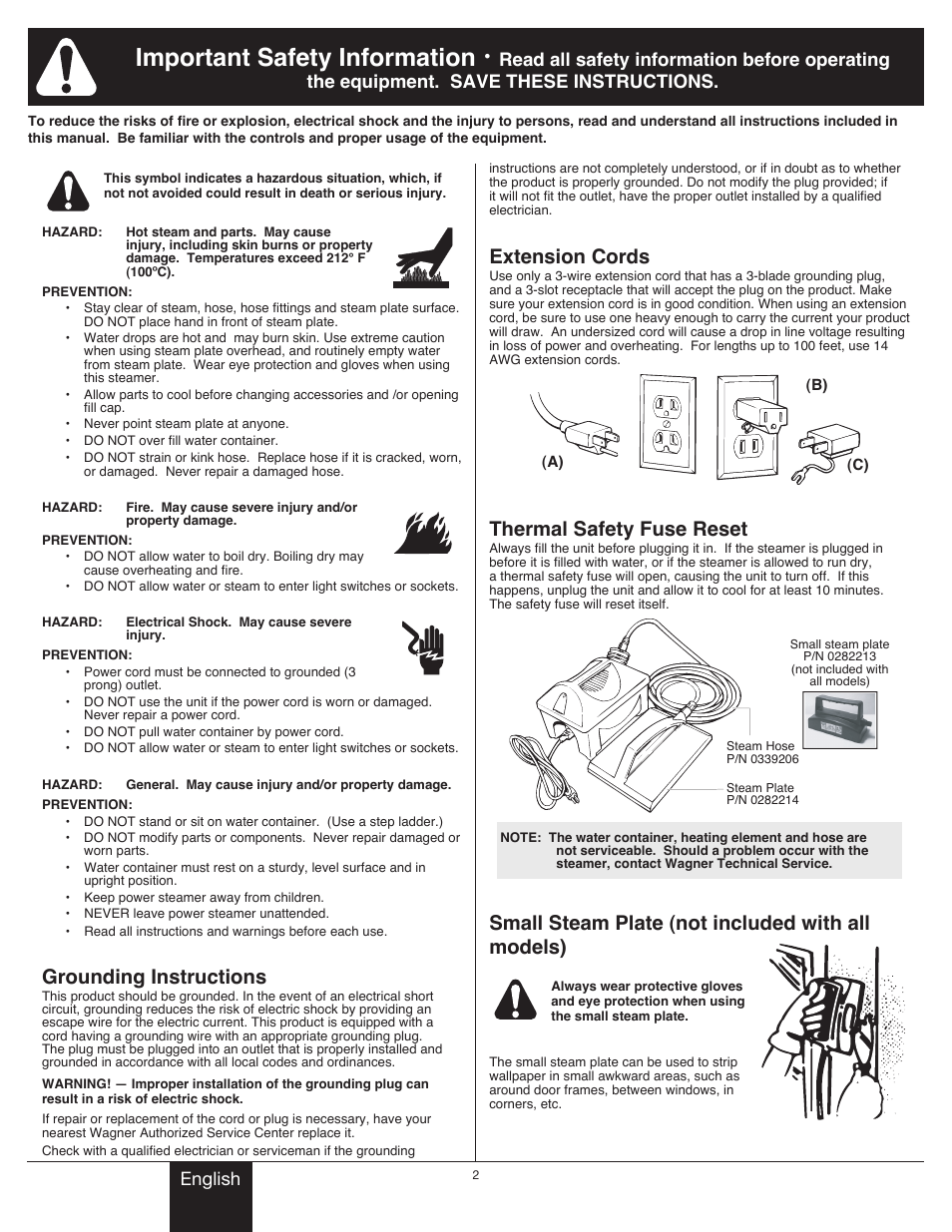 Important safety information, Grounding instructions, Extension cords | Thermal safety fuse reset, Small steam plate (not included with all models), English | Wagner 705 Steamer User Manual | Page 2 / 8