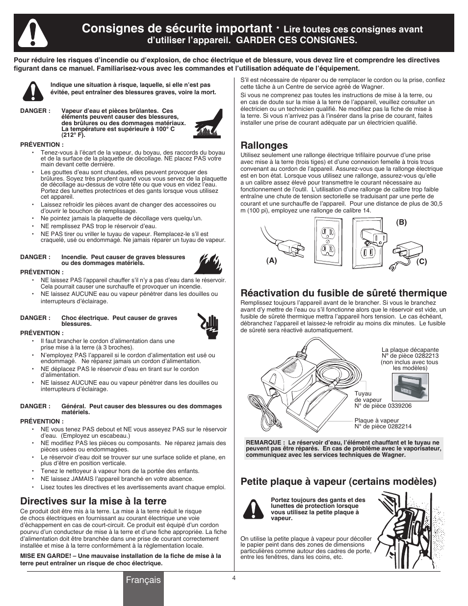 Consignes de sécurite important, Directives sur la mise à la terre, Rallonges | Réactivation du fusible de sûreté thermique, Petite plaque à vapeur (certains modèles), Français | Wagner 705 Steamer User Manual | Page 4 / 8